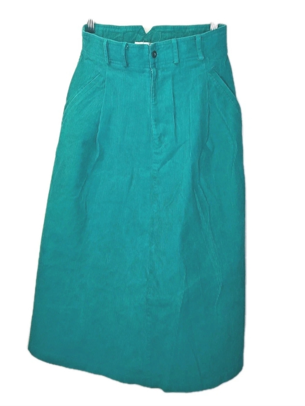 Vtg Corduroy Pleated A-Line Skirt Med Green Turquoise High Rise Notched Bareback